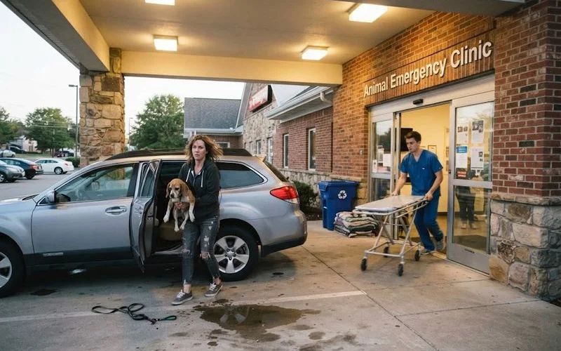 A pet owner gently carrying a medium dog wrapped in a towel into an emergency veterinary clinic at night