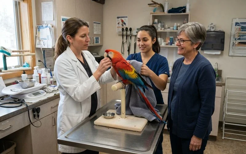 A veterinarian gently holding a small parrot for examination at an exotic pet clinic with a technician beside them