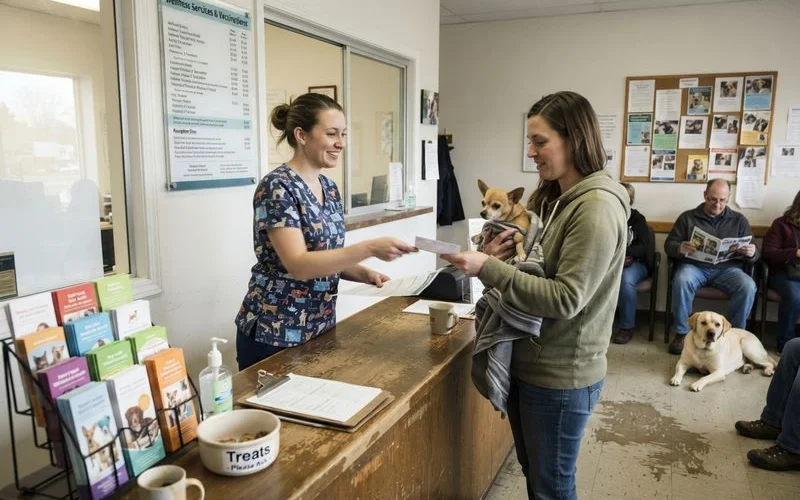 A pet owner and a vet technician discussing a printed price list at a community vet clinic reception