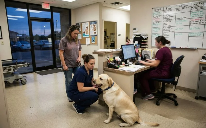 A calm emergency vet reception with a pet owner holding a small dog while a technician takes notes