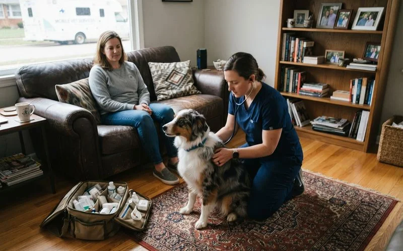 A veterinarian examining a calm cat on a living room couch with the owner sitting beside them