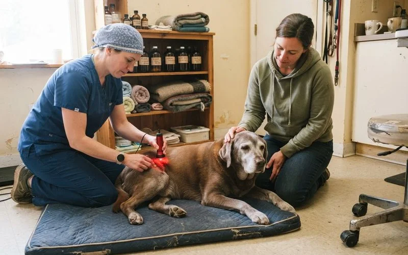 A veterinarian placing a fine acupuncture needle on a relaxed senior dog lying on a soft mat