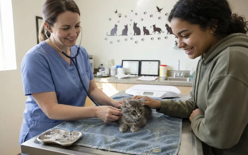 A kitten sitting on a stainless exam table while a vet gently listens to its chest with a stethoscope