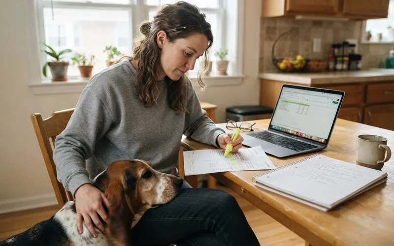 A pet owner highlighting line items on a printed veterinary estimate with a pen at a kitchen table
