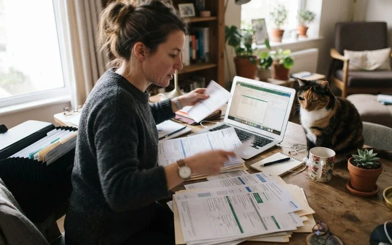 A pet owner organizing veterinary records, vaccine certificates and invoices into a folder at a desk