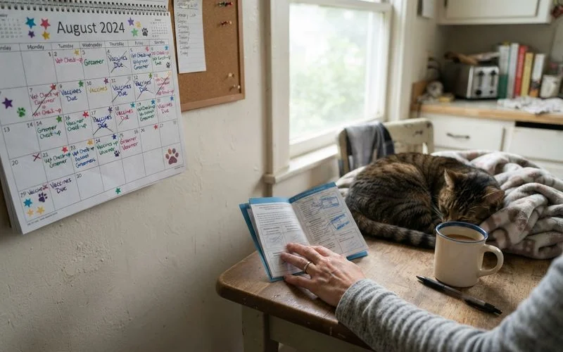 A dog owner marking annual vet checkup dates and vaccine boosters on a wall calendar beside a leash