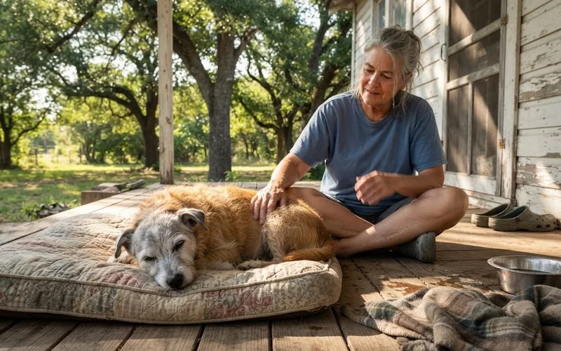 A person gently stroking an elderly golden retriever resting on a blanket in a sunny living room