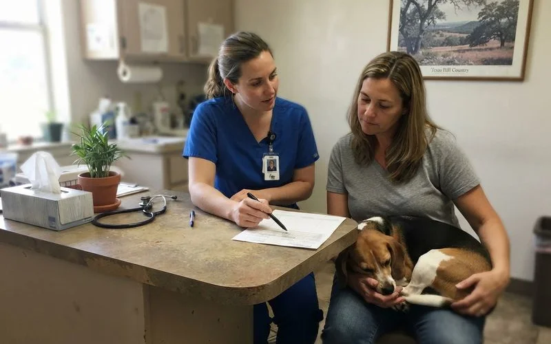 A veterinary technician reviewing an itemized estimate with a pet owner at an emergency clinic front desk