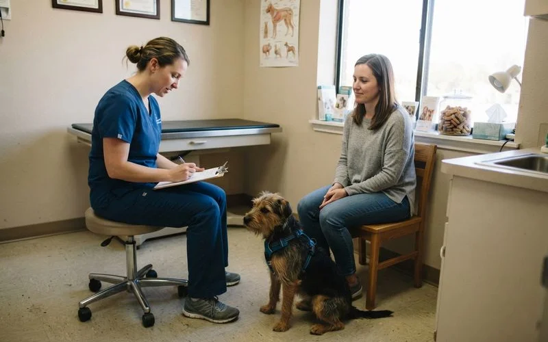 A veterinarian kneeling to examine a calm dog while the owner asks questions in a bright exam room